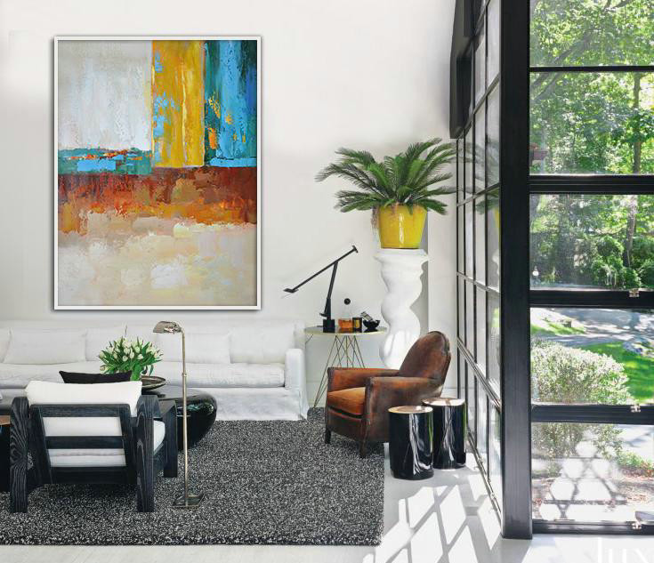 Extra Large Paintings,Vertical Palette Knife Contemporary Art,Contemporary Art Canvas Painting,White,Grey,Yellow,Blue,Red.etc